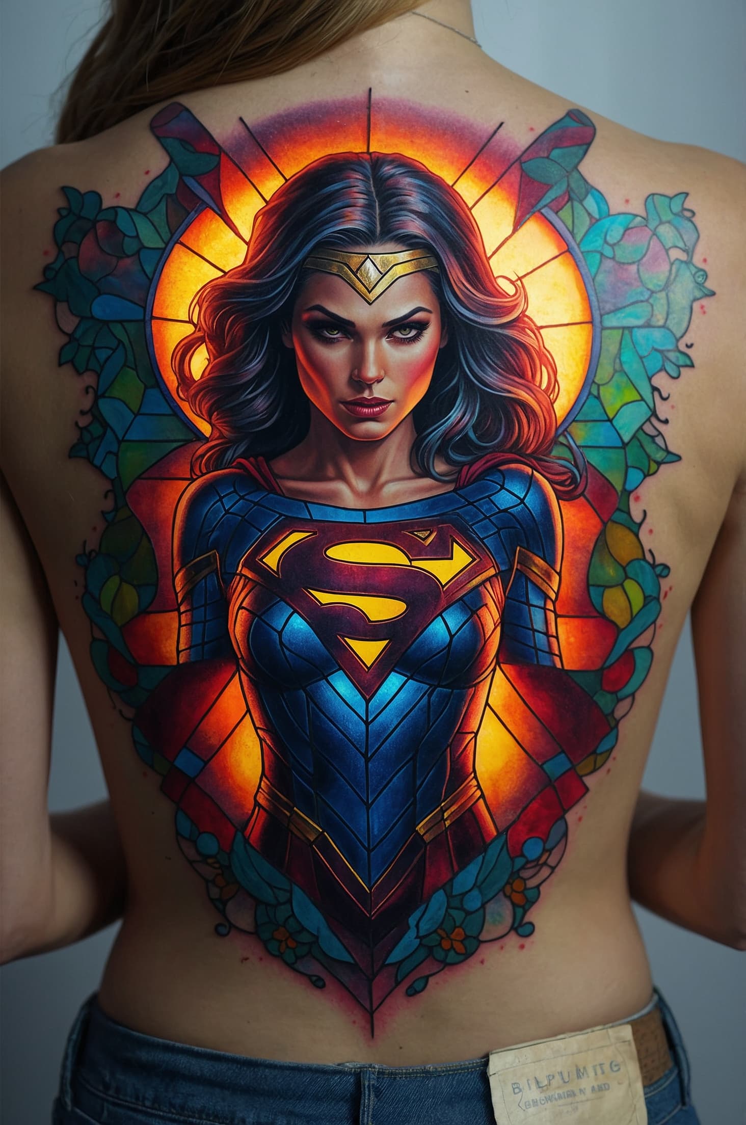 AI generated: A colorful stained tattoo design of a bioluminescent superwoman, detailed superwoman tattooed on a w...