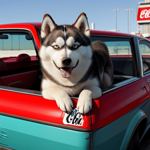 AI generated: Perro Husky Tomando Coca-Cola sobre un carro