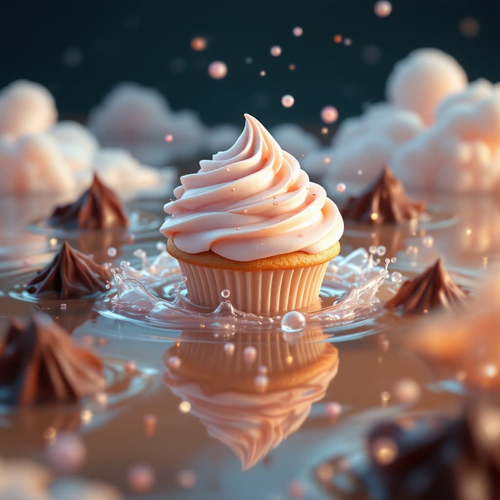 AI generated: 
*"A cute cupcake with a face, floating in a caramel and chocolate sea, talking joyfully, under cand...