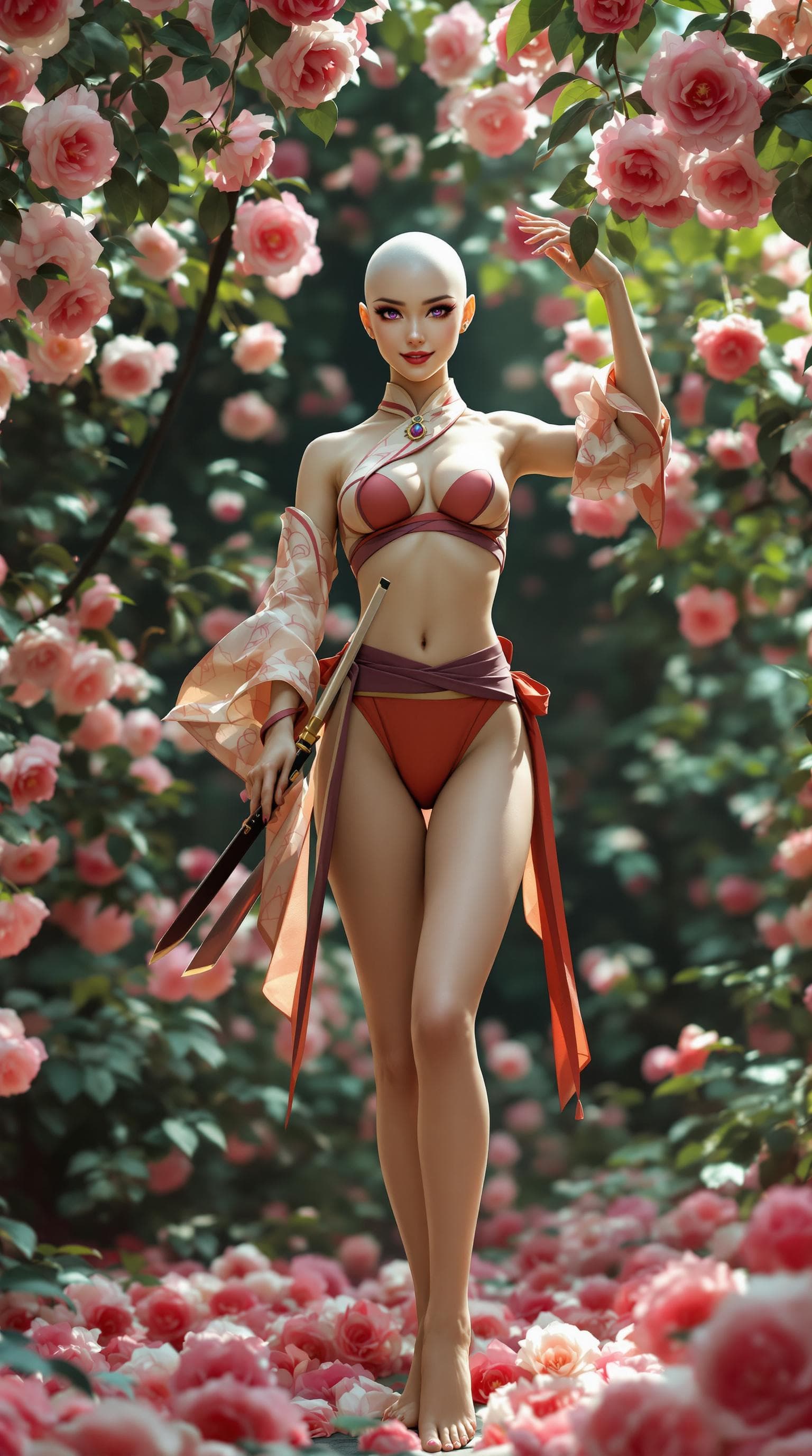 AI generated: Full body view of A nimble female performer stands poised on her long, bare legs and bald head. Her ...