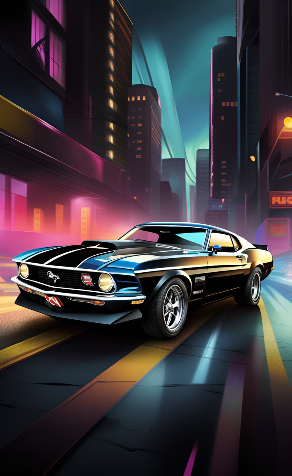 AI generated: A (((full wide view portrait poster))) featuring a (((badass aggressive looking retro mustang muscle...