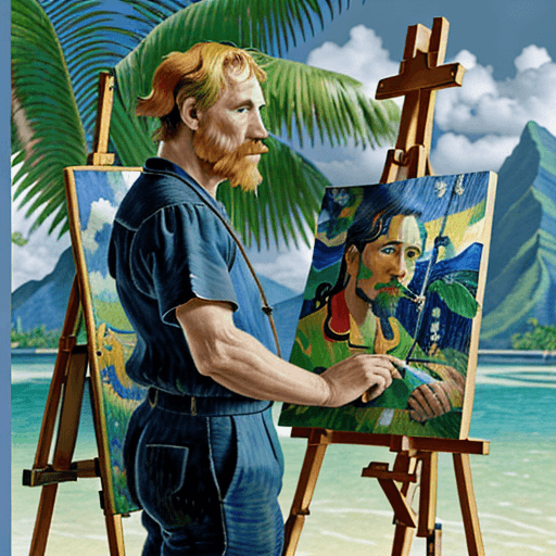 AI generated: Side view Gauguin style  portrait of only two men:  van Gogh and Gauguin standing in front of easel ...