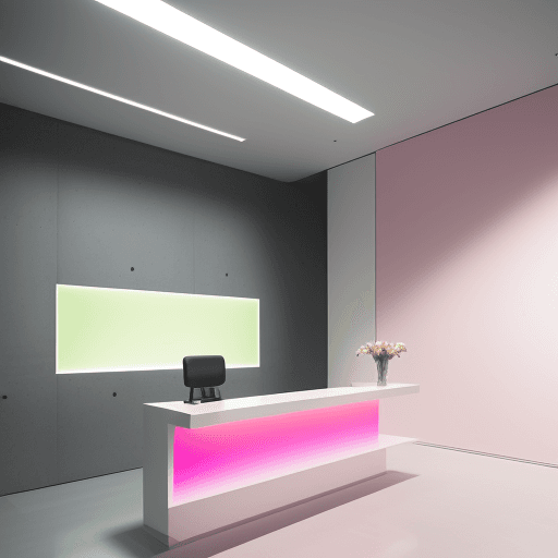 AI generated: architectural photography, perspective, interior space, vertical light panels transition from pink t...