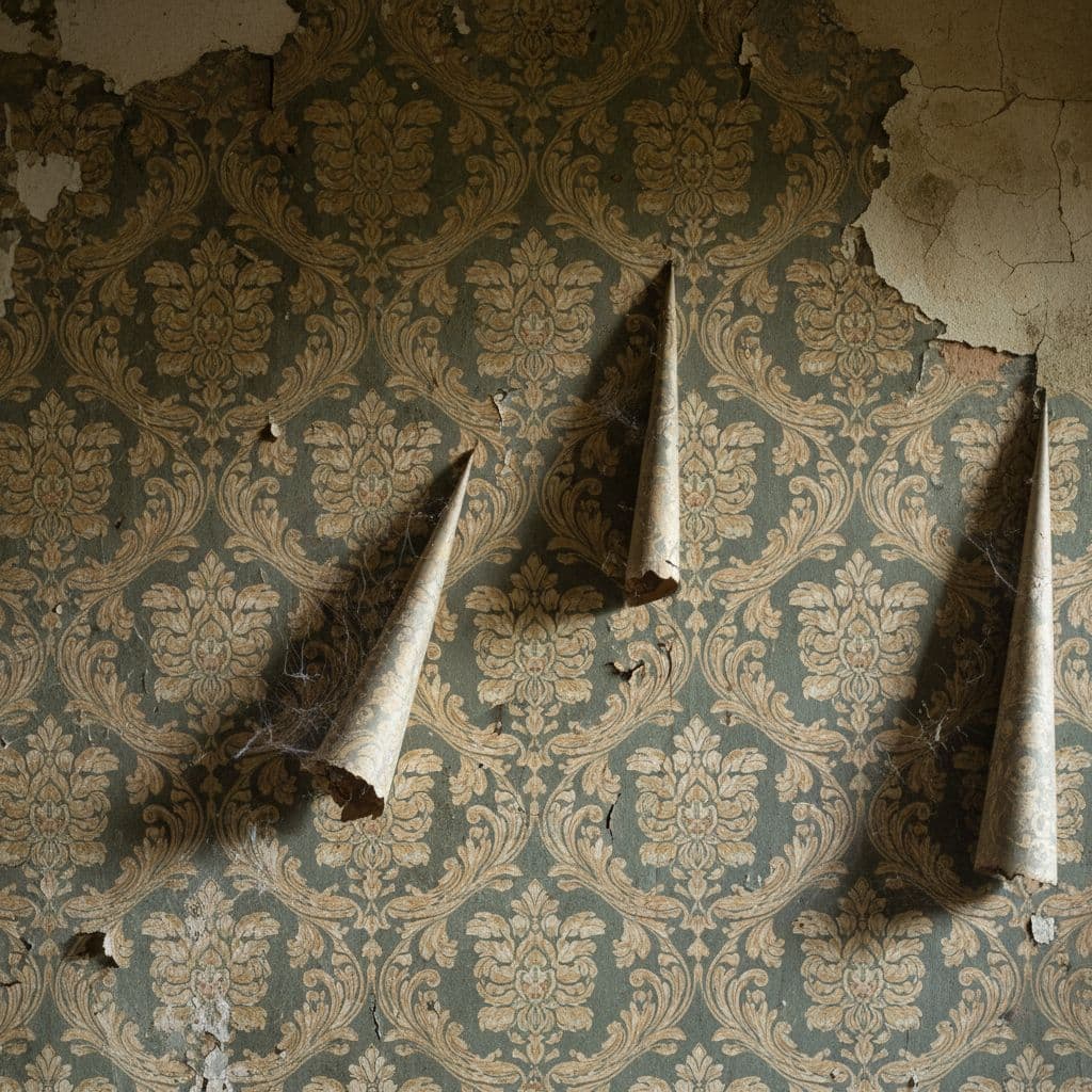 AI generated: Haunted Victorian wallpaper peeling, faded, cobwebs attached