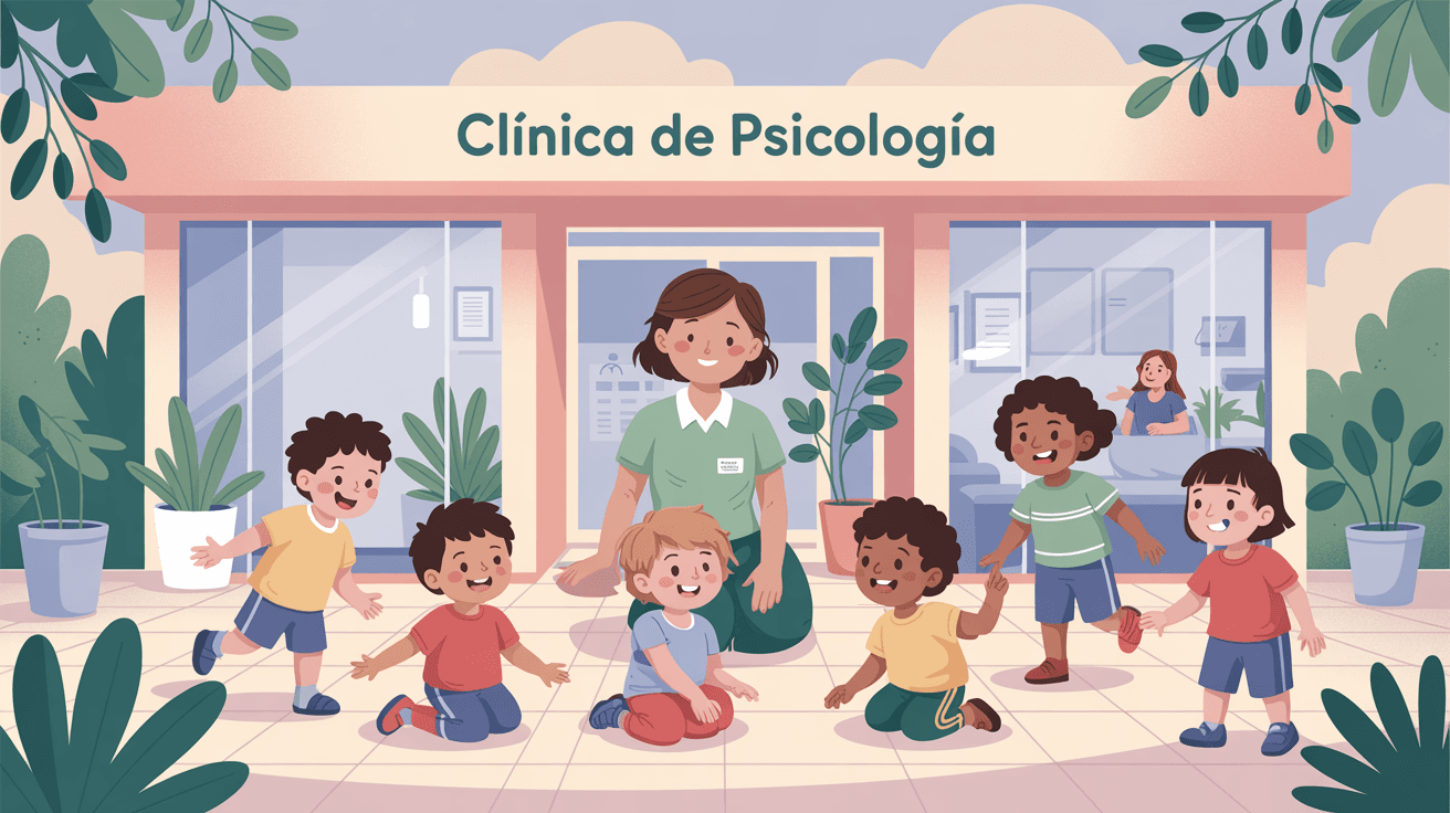 AI generated: Generame una imagen donde aparezca una clinica de psicologia y niños contentos por el tratamiento re...