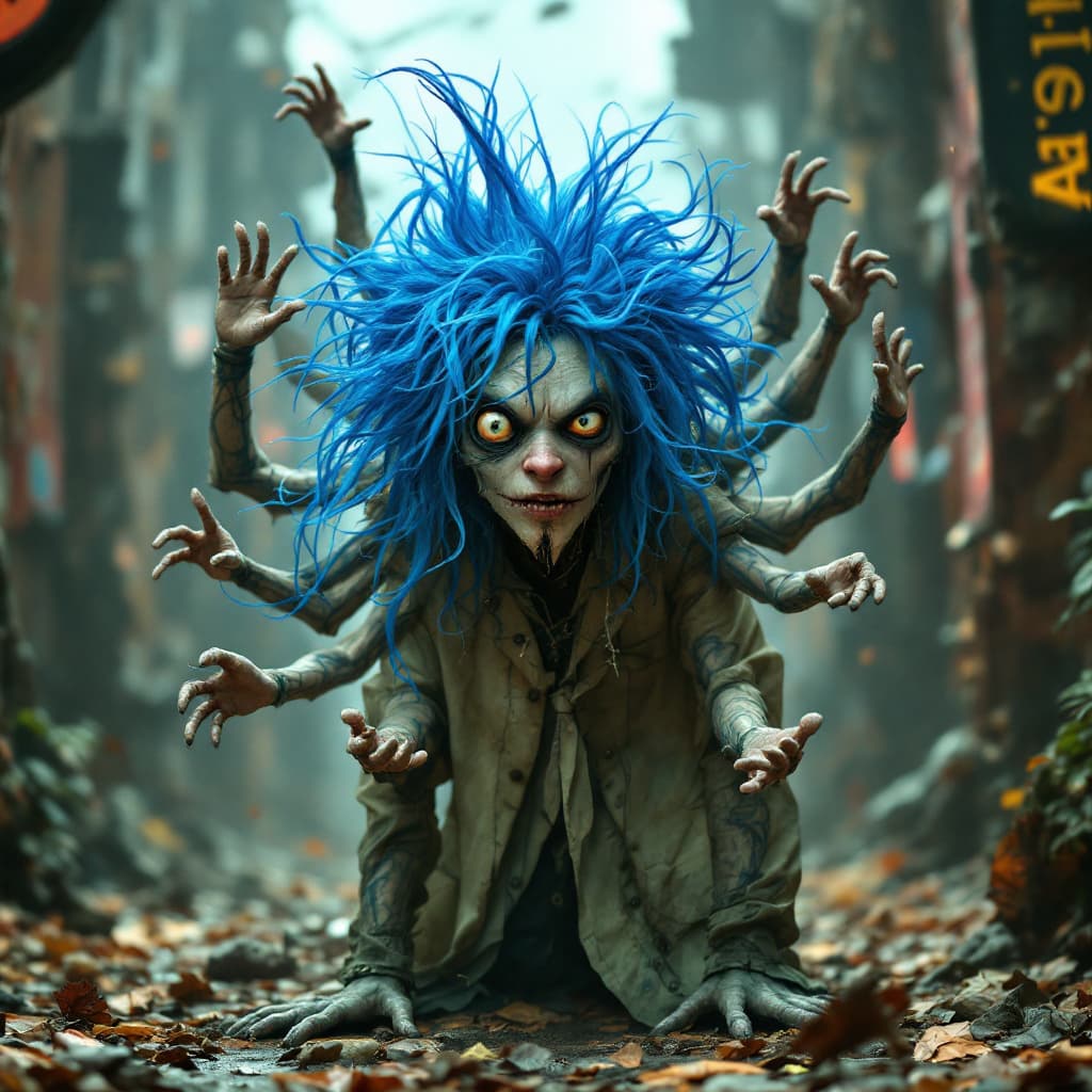 AI generated: In a surreal and unsettling scene, a character stands out with a bizarre charm, adorned with vibrant...