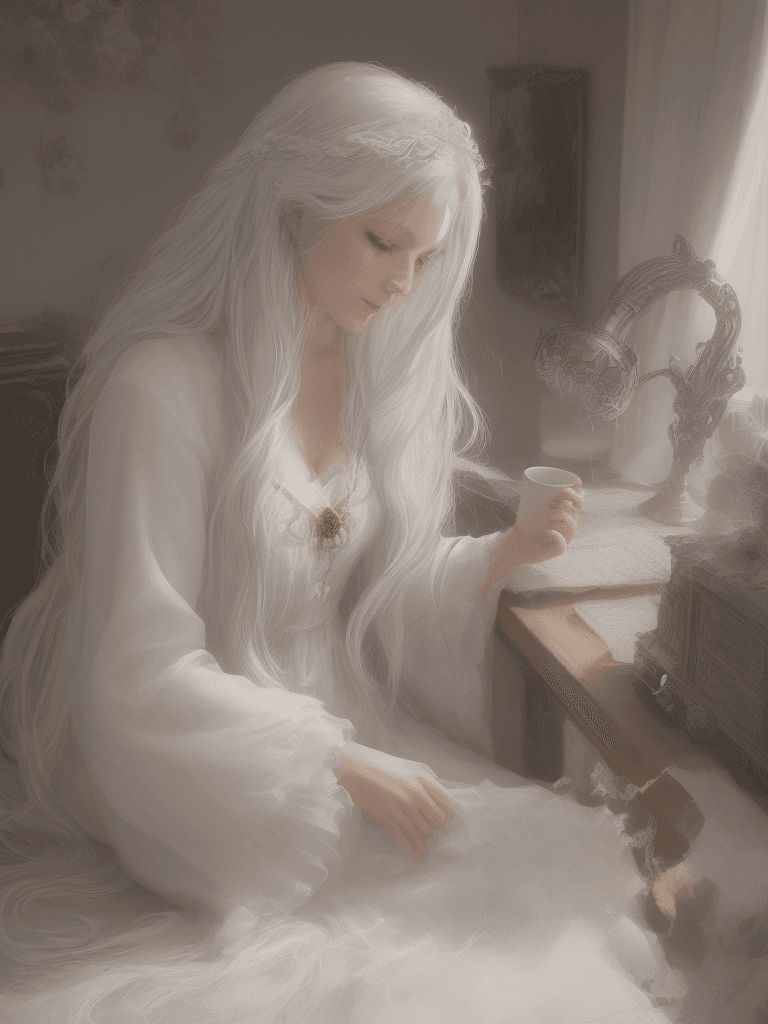 AI generated: High quality composition of an enchanting woman, with her flowing white hair and silky skin emitting...