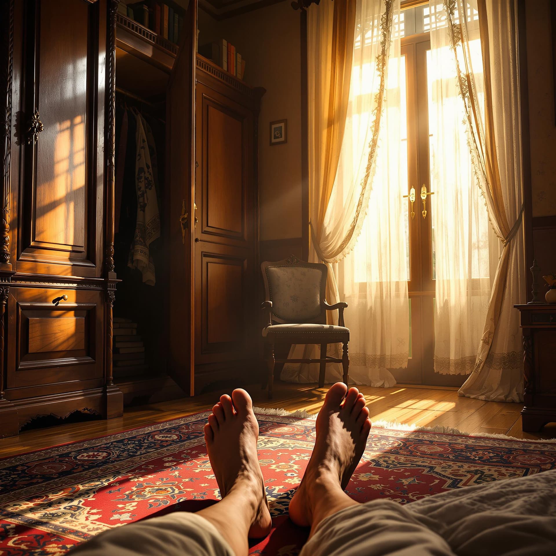 AI generated: First-person POV, The first thing visible is my bare feet resting on a Persian rug, its intricate re...