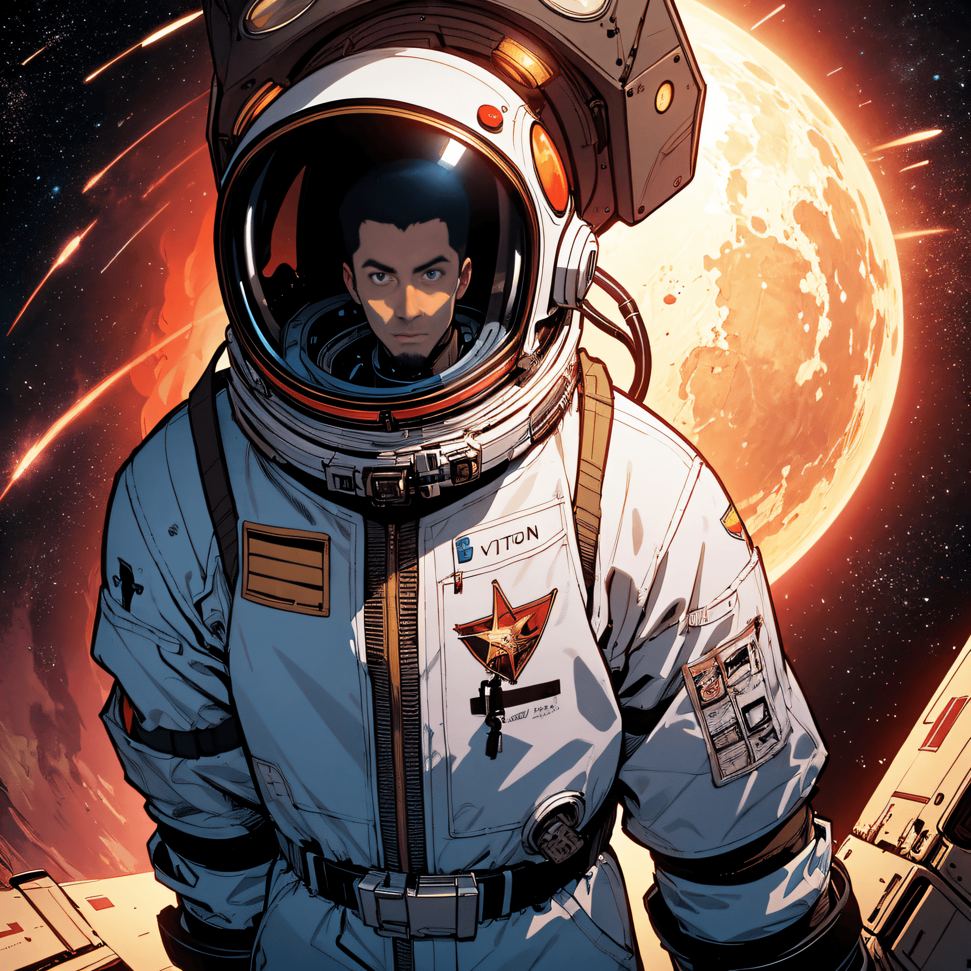 AI generated: there is a man in a space suit with a red and white background, inspired by Victor Mosquera, laurie ...