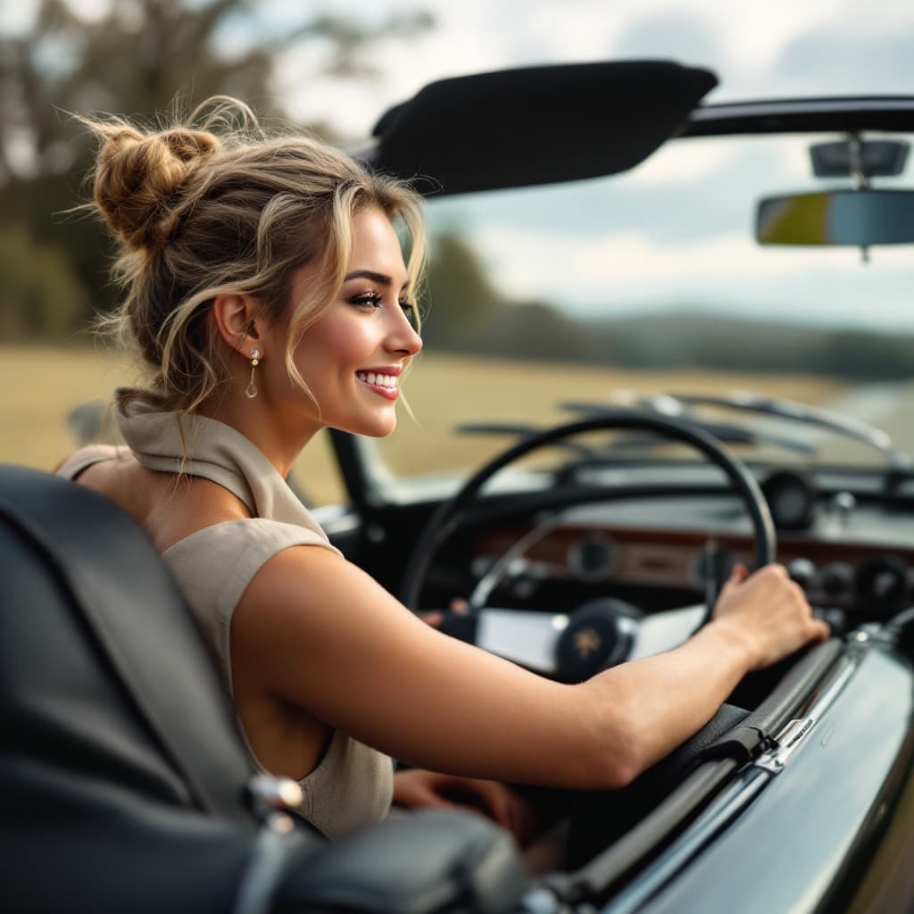 AI generated: gorgeous lady driving ,the Citroën DS 19 black Convertible, in the countryside, 
