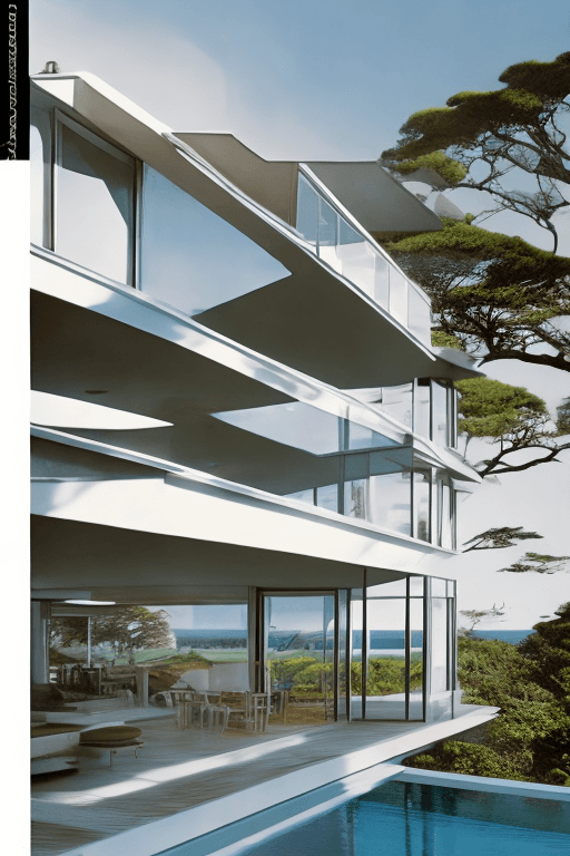 AI generated: Hyper realistic eye level exterior photo of a mid century modern style house overlooking the ocean, ...
