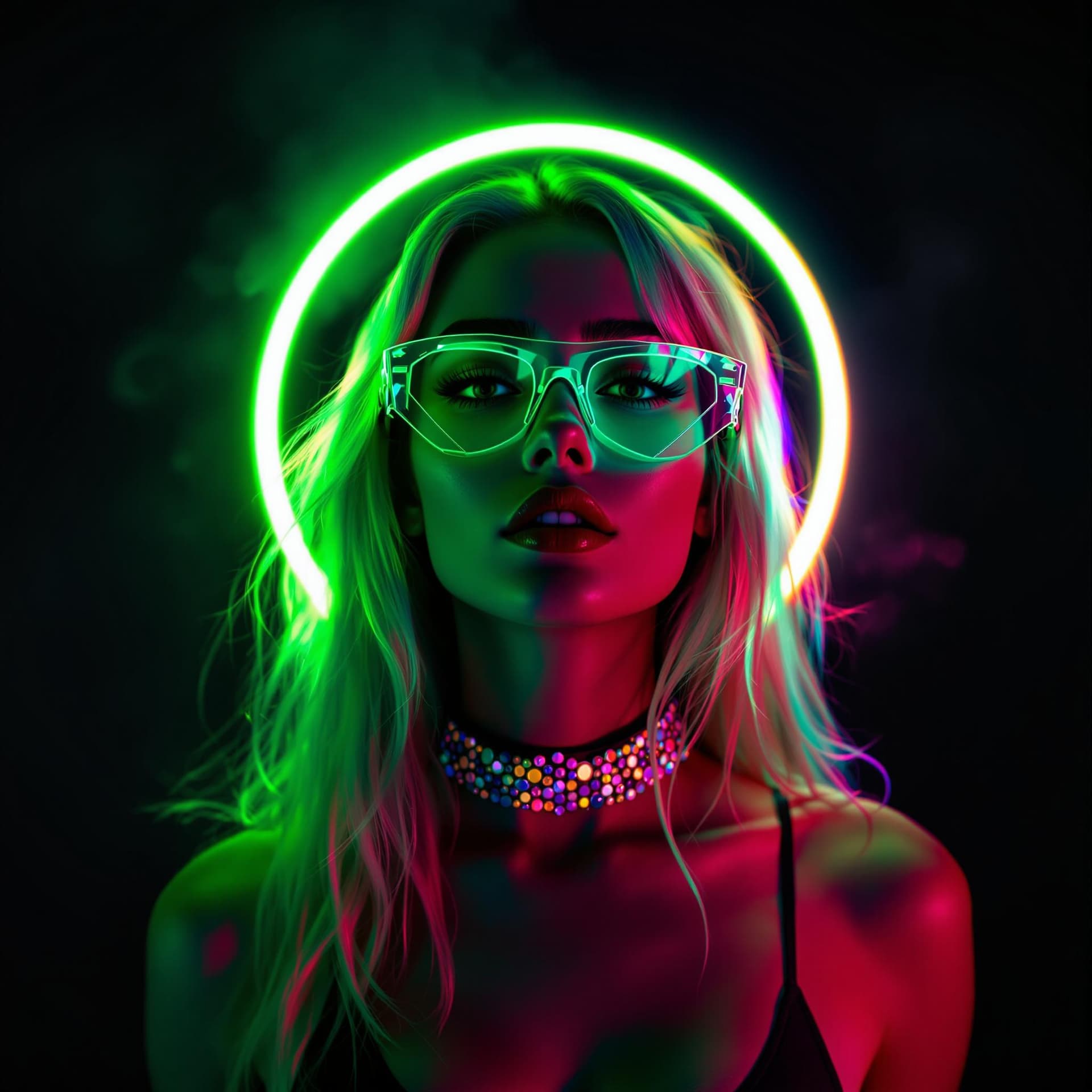 AI generated: A futuristic, cyberpunk-inspired portrait of a woman with long, flowing blonde hair. She wears trans...