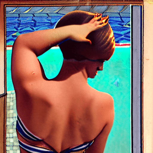 AI generated: A seductive French busty young ladie embodying an aura of mystery and allure, stands by the poolside...