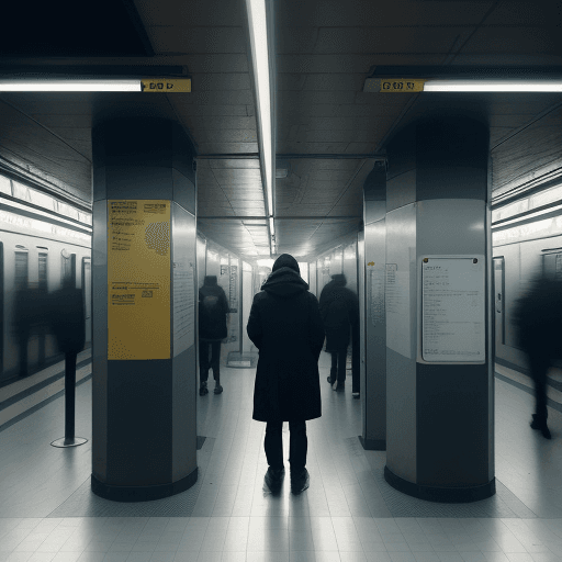AI generated: create an image of a person standing alone in a subway station, under a single bright fluorescent li...