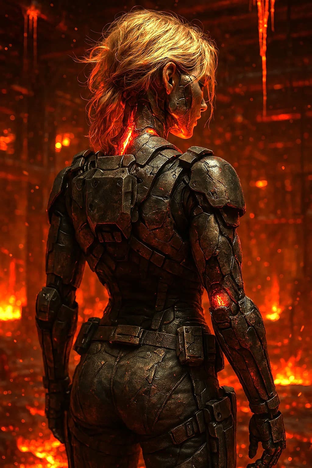 AI generated: hyper-realistic blonde lady-like robot soldier, seen from behind, clad in rugged tactical stealth ge...