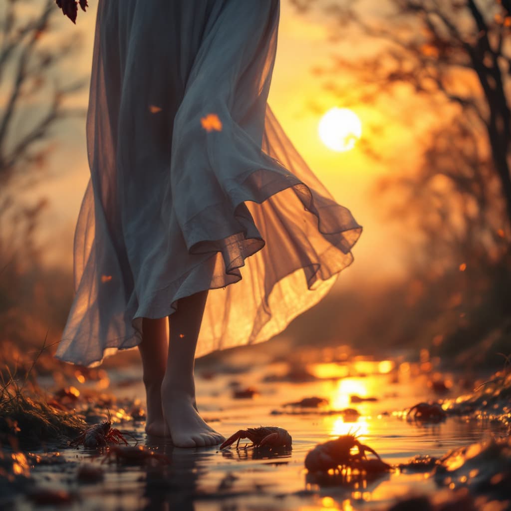 AI generated: In the afterglow of the sunset, the silver skirt swayed gently in the wind, and beneath the slender ...