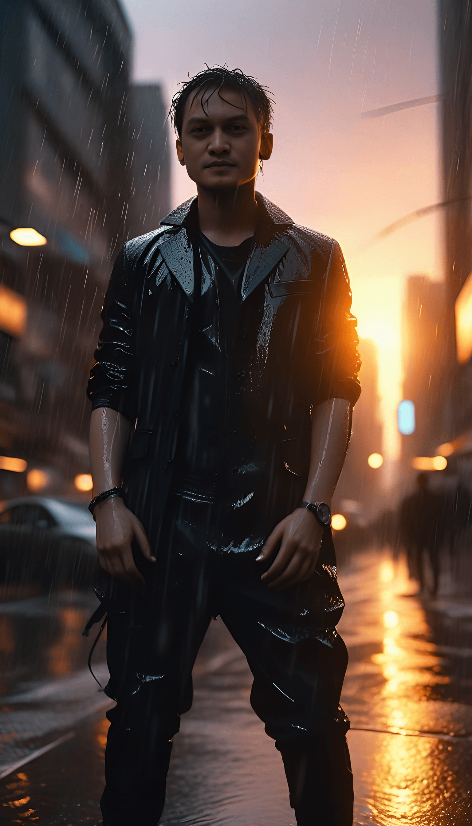 AI generated: a close up of a person in the rain, wearing black suit, action shot , Hyper realistic, highly detail...