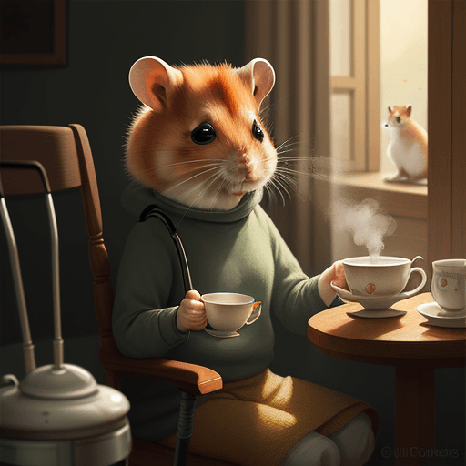 AI generated: ginger hamster drinking a steaming cup of tea, on crutches. 
warm lighting, happy mood. warm tone, d...