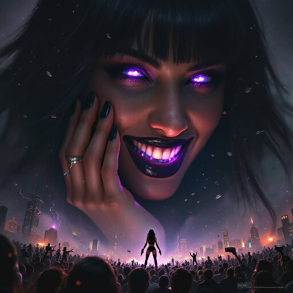AI generated: enormous giantess female who looks exactly like WWE superstar 
 Rhea Ripley with black medium length...