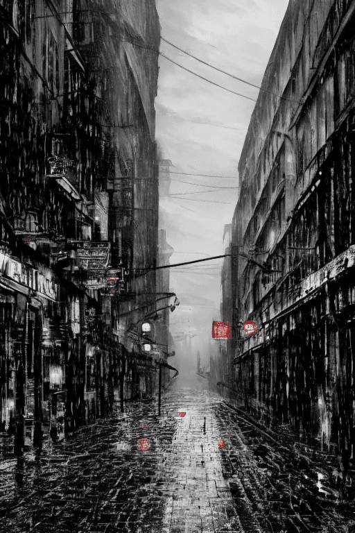 AI generated: industrial streets of gotham city, paris, art-nouveau, scratchy, grainy, rainy, raindrops, shiny, we...