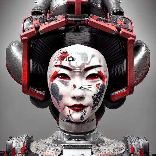 AI generated: an epic fantastic realism comic book style portrait painting of a japanese robotic geisha with kanji...