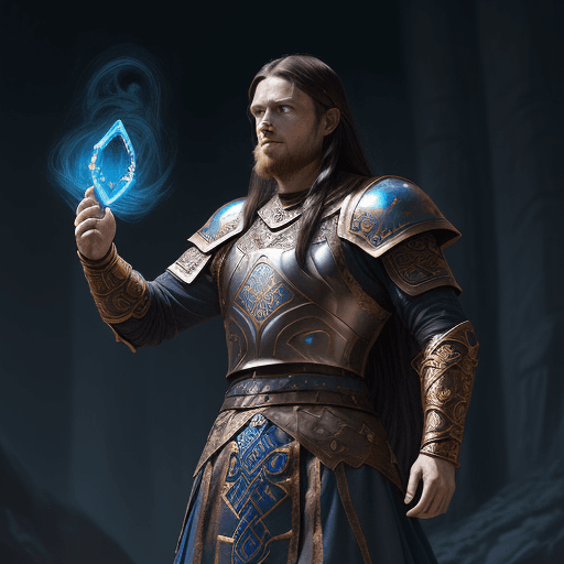 AI generated: A man wearing a viking armor with long dark hair and glowing blue eyes. The man wears gold and cobal...