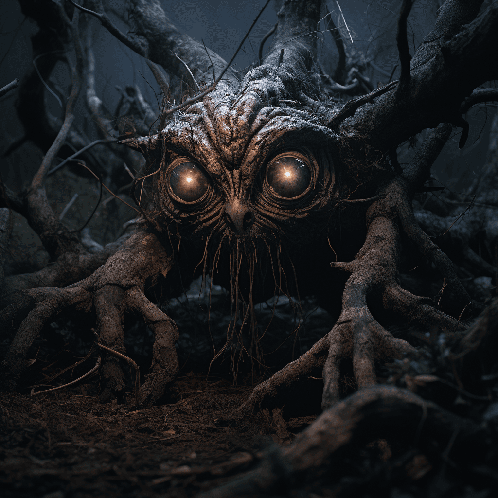 AI generated: creature shaped like a tree peeking through the branches of a tree, reddish eyes, dense and dark for...
