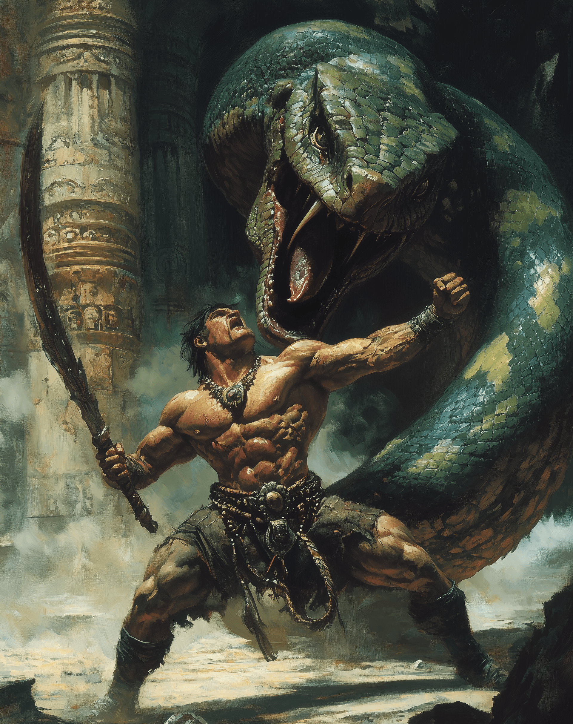 AI generated: An epic Frank Frazetta-style painting of the upper body and head of an extremely muscular man fighti...