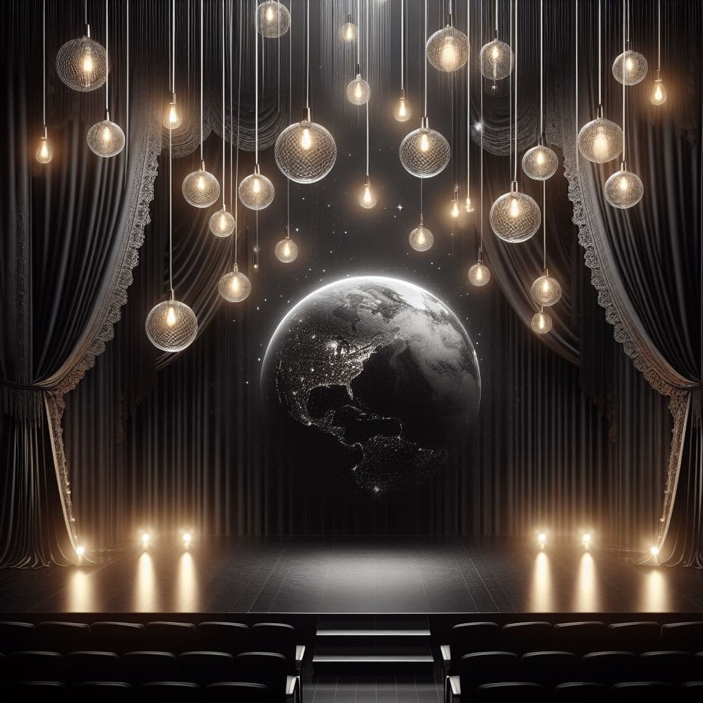 AI generated: black background for a stage performance with elegant hanging globe lights
