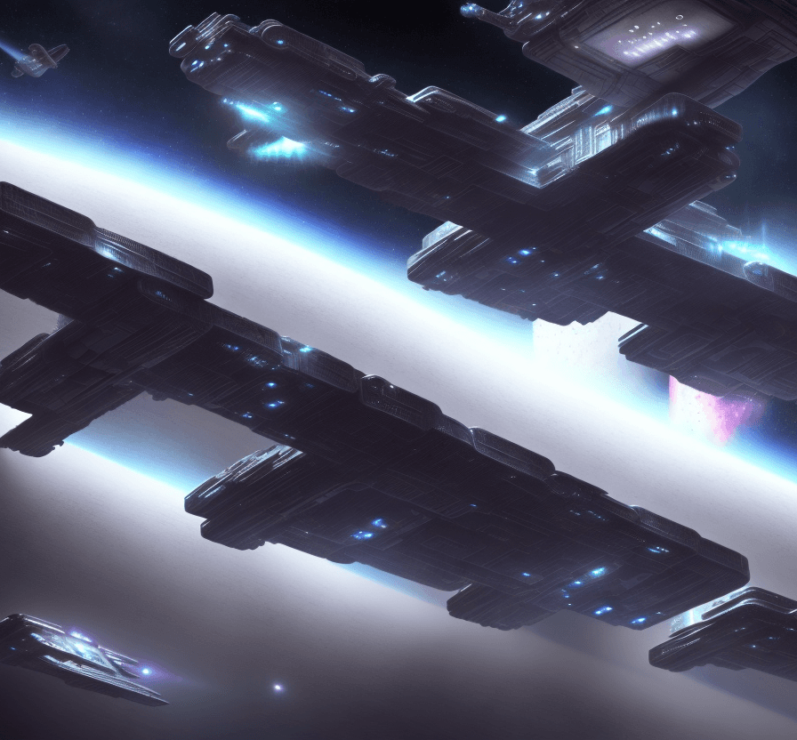 AI generated: a very sophisticated Nostromo like spaceship is cruising thru deep space toward a desert icy planet....