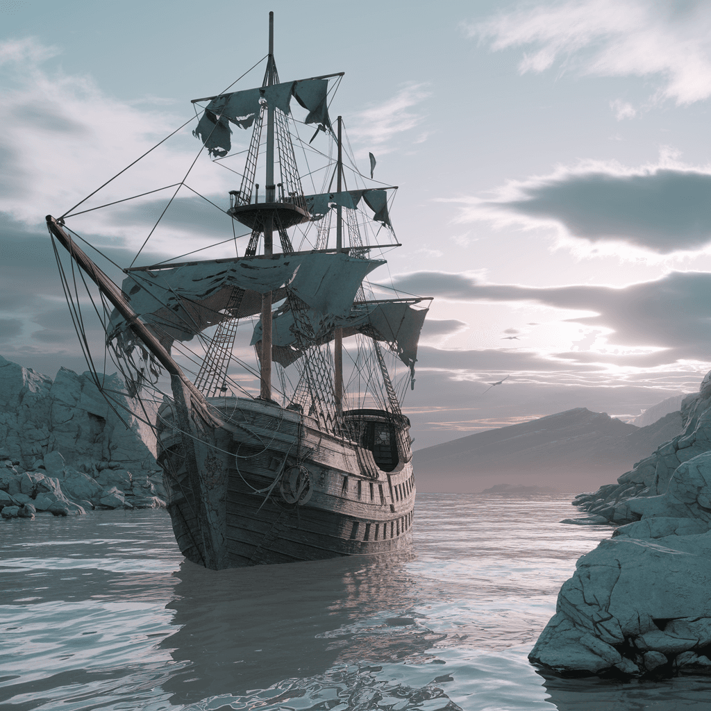 AI generated: Photo of a ultra realistic sailing ship, dramatic light, pale sunrise, cinematic lighting, battered,...
