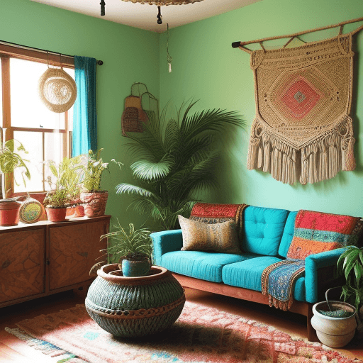 AI generated: A bohemian living room with vintage furniture, colorful textiles, and natural materials. Include mac...