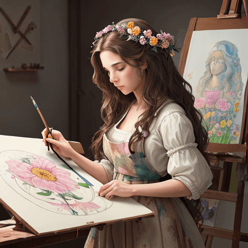 AI generated: A full wide view of a beautiful woman with long wavy brown hair, painting flowers on a drawing board...