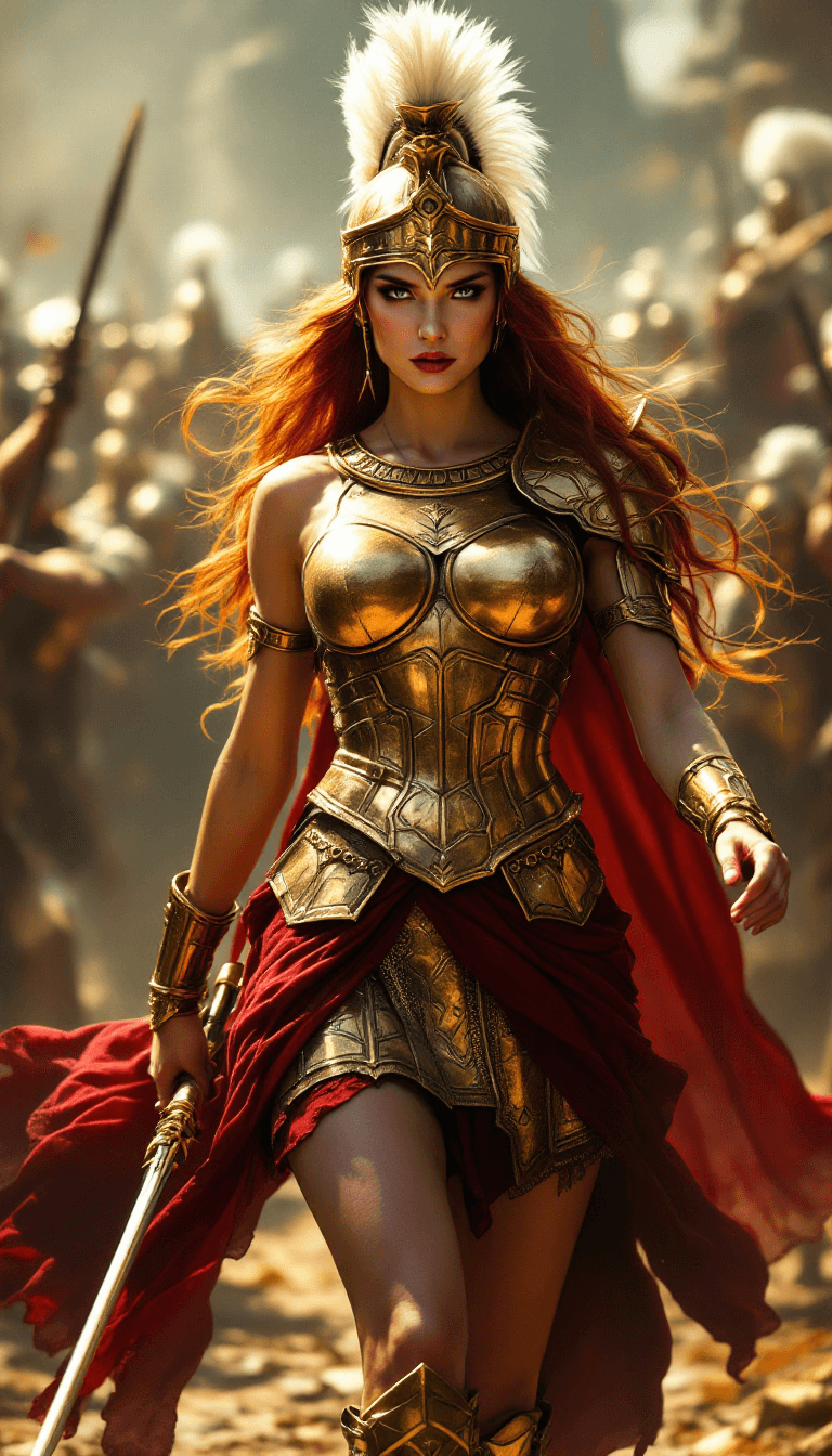 AI generated: Front view, hyper-realistic, full-length shot. Visualize an epic scene depicting a legendary female ...