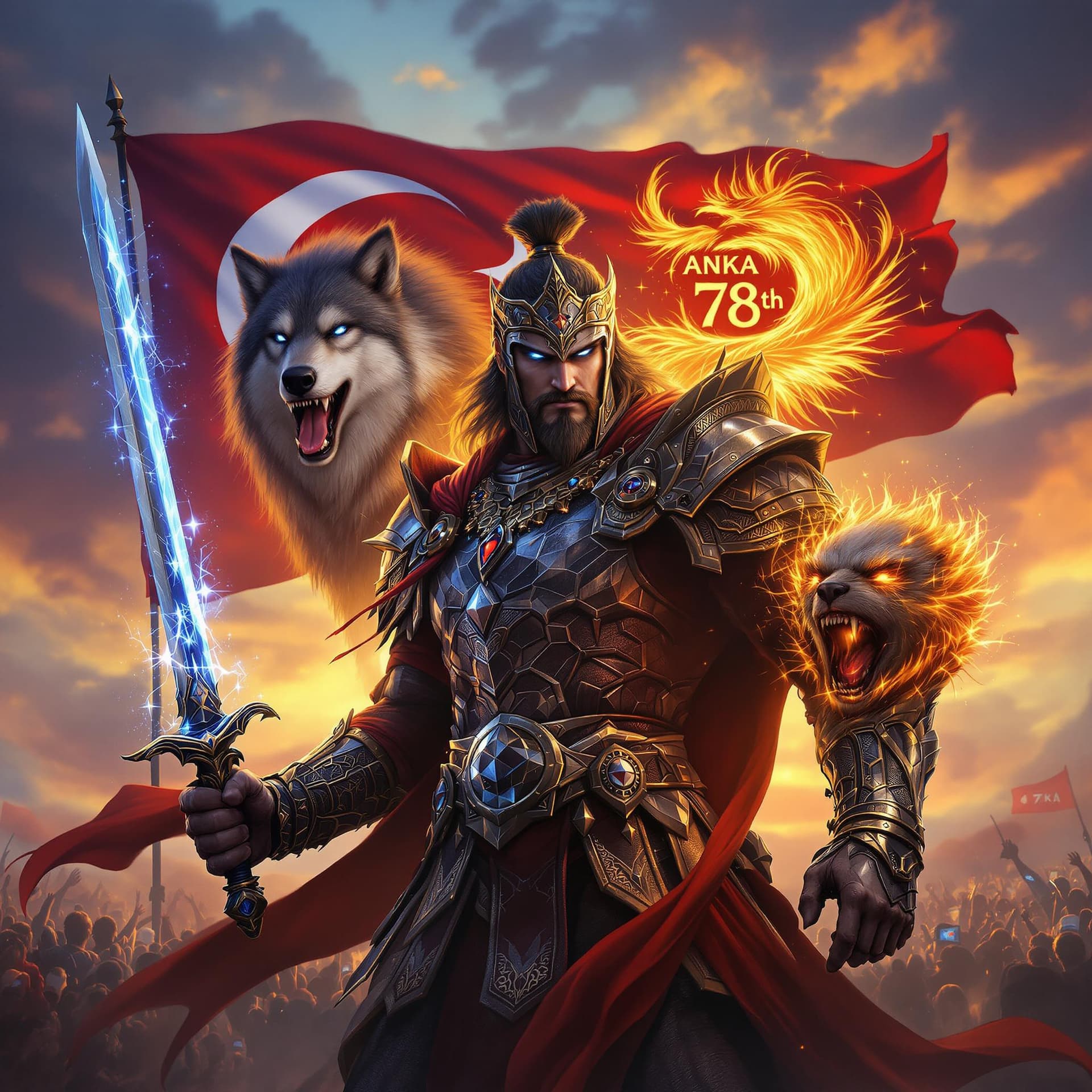 AI generated: A fierce Turkish warrior clad in traditional armor inspired by ancient Turkish mythology, holding a ...