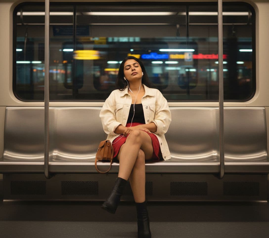 AI generated: A photo-realistic shot of the uploaded woman in a red mini skirt, black top and light jacket, seated...