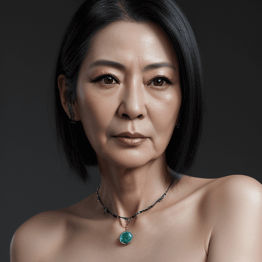 AI generated: hyper realistic headshot photo of a beautiful 50 year old japanese lady, slim, skinny, thick dark bl...
