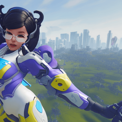 AI generated: Create an action shot of Dva from the Overwatch game, wearing a blue and white spandex bodysuit. She...