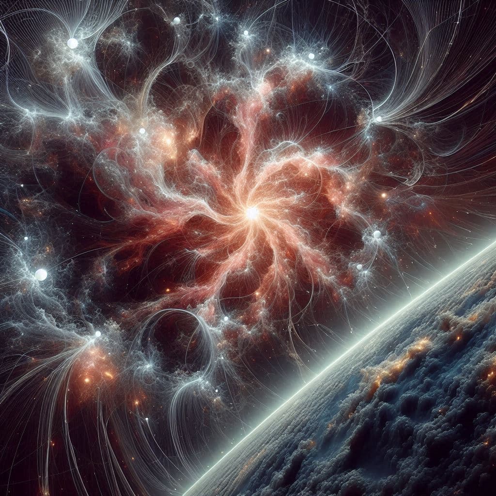 AI generated: In a barely visible foamlike maze glowing white filaments connect areas of condensing darkness in de...