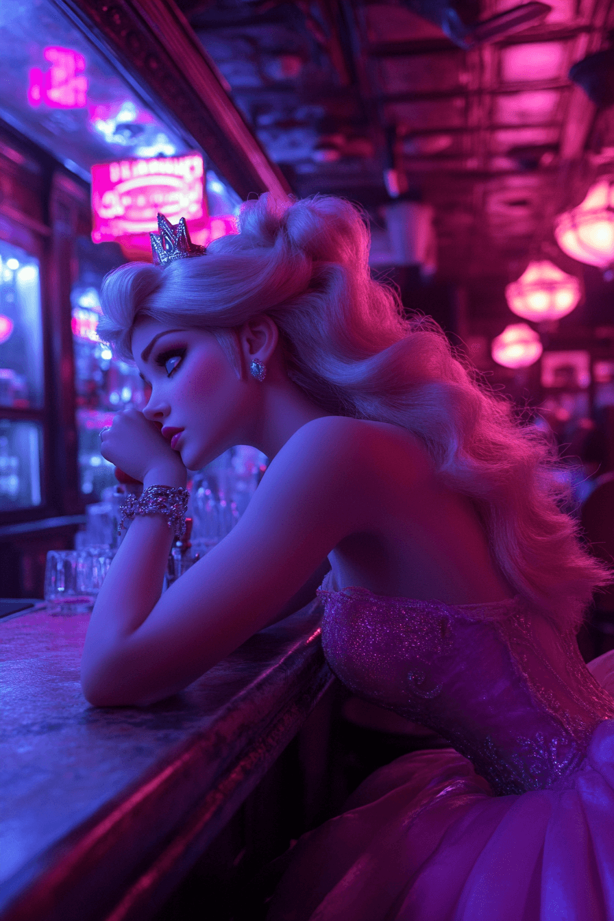 AI generated: An image of Princess Peach alone sitting at a bar with a beer. The bar is decorated like the Barbie ...