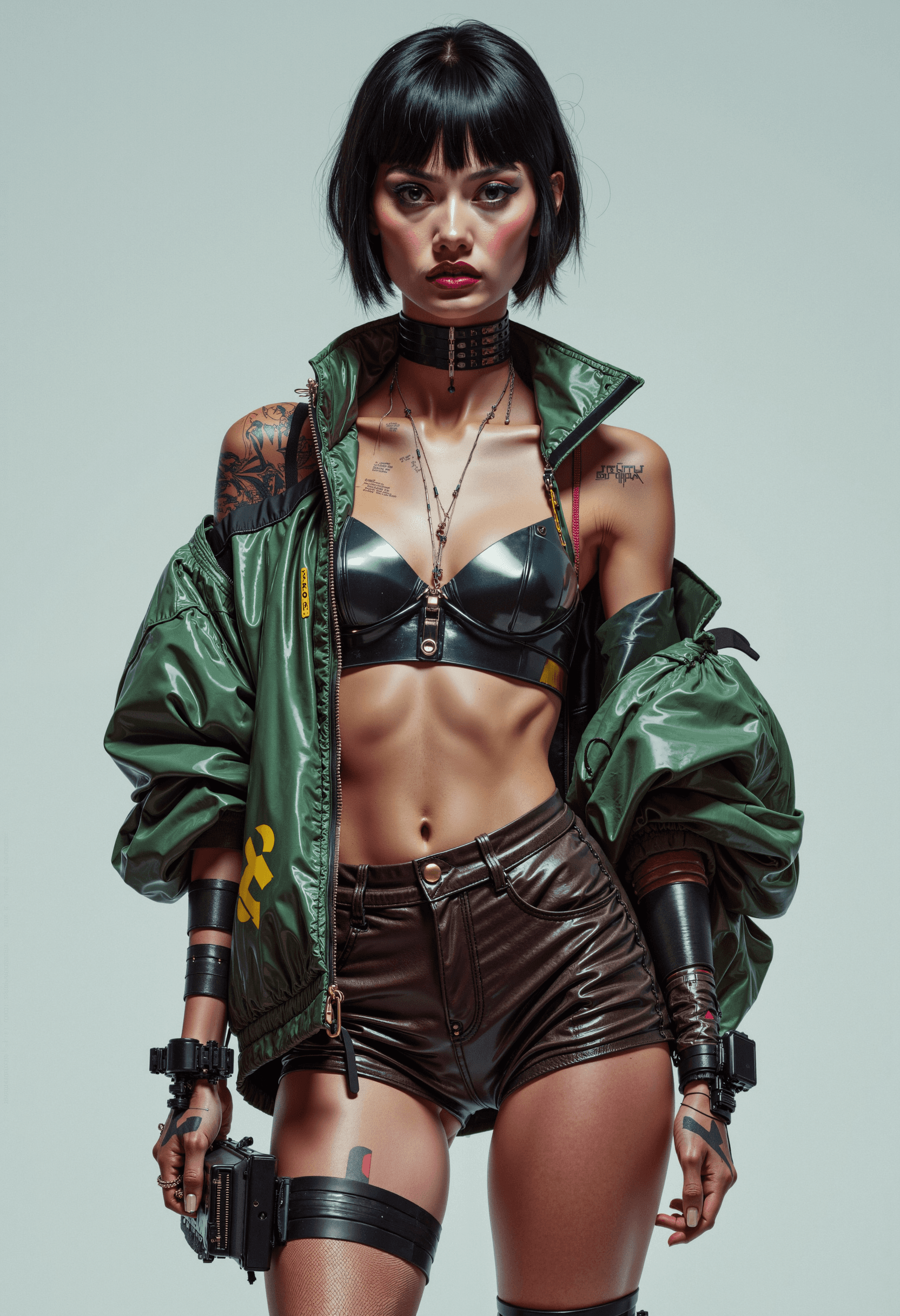 AI generated: Full-body portrait of a futuristic 32 years woman with a retro hacker aesthetic. She has a melanchol...