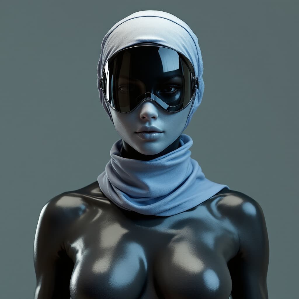 AI generated: a super hyper realistic full femal upper body with a bandari mask with differnet fabric layer and so...