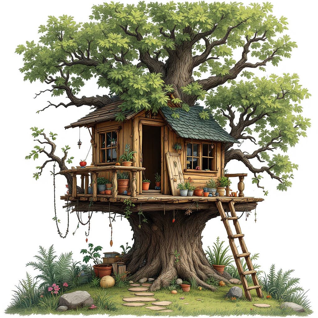 AI generated: a tree house, built with boards and things by a child