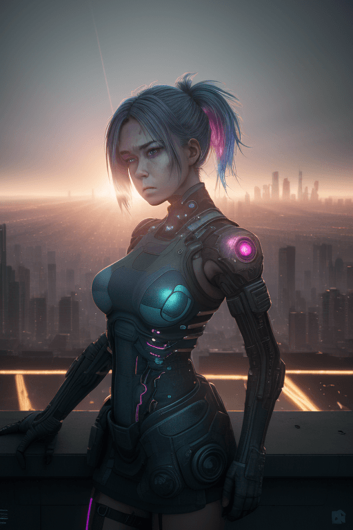 AI generated: Dystopian, High Detail RAW color Photo, Full Shot, (cute female), standing on an overlook, looking o...