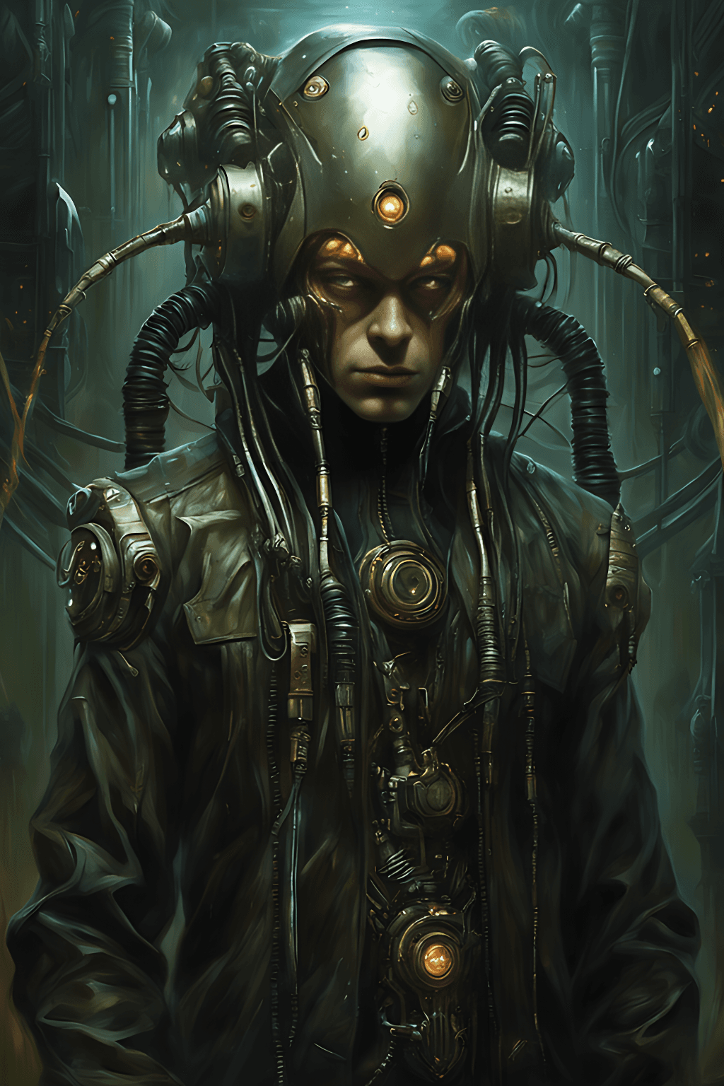 AI generated: Full height Portrait of young cyber driad gloomy, villain, centered portrait, predatory pikes even n...