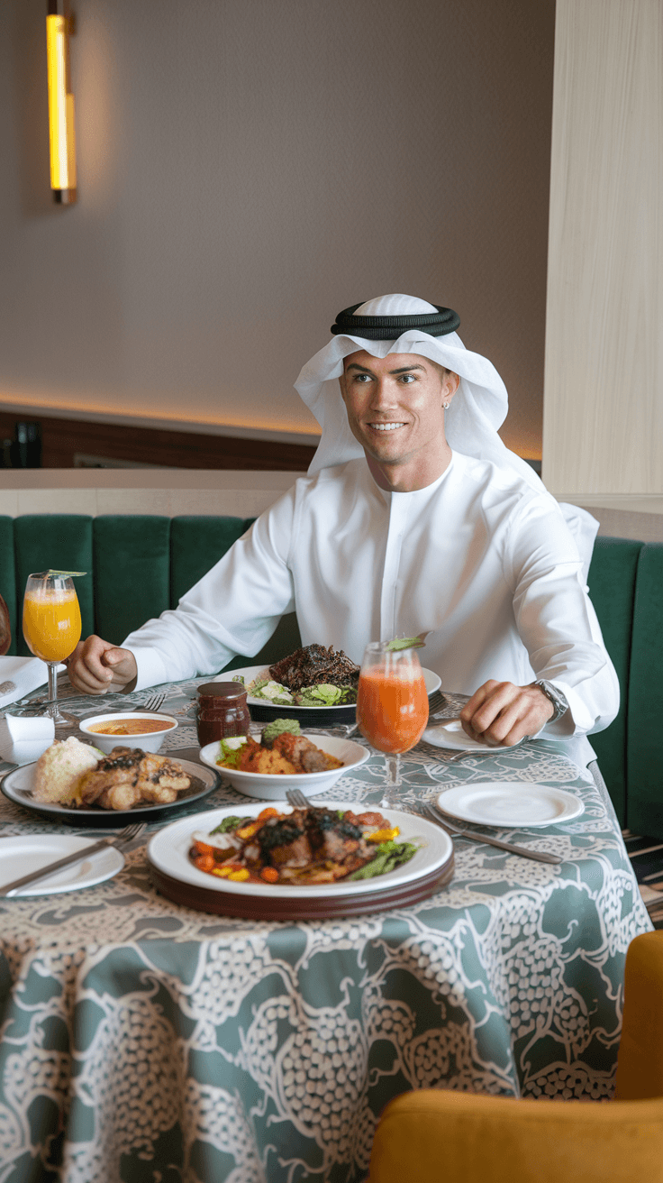 AI generated: Cristiano Ronaldo sits at a round dining table in a stylish, modern restaurant, dressed in tradition...