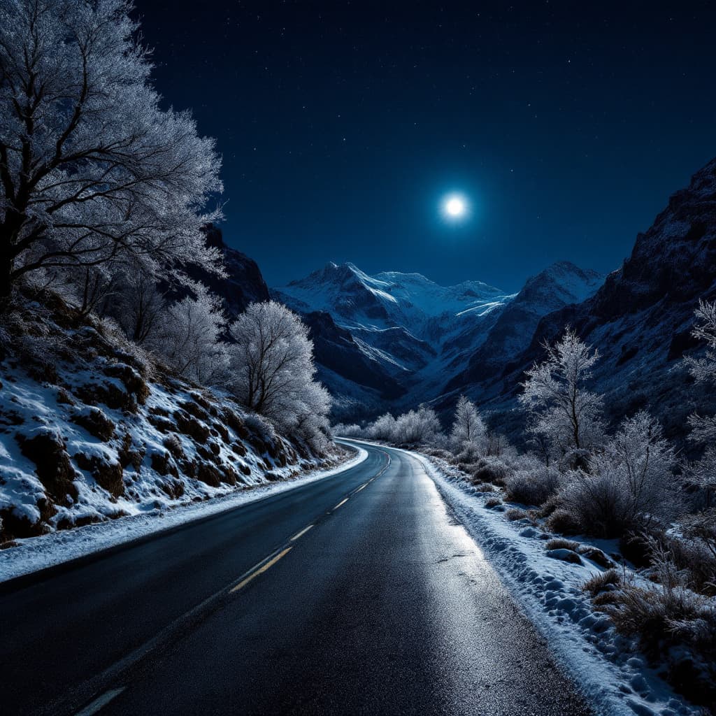 AI generated: 
the ground slopes downward, leading to a vertical asphalt street,
the dark asphalt appears frosty...