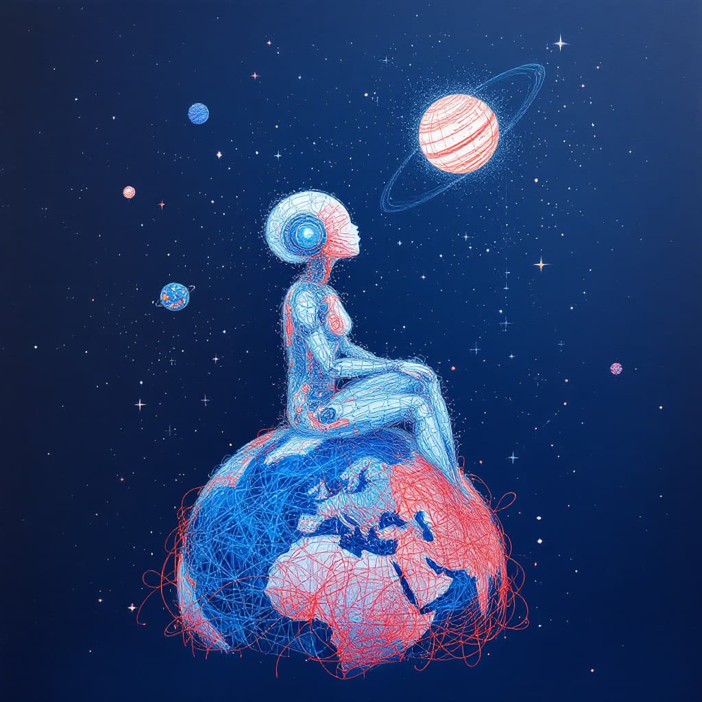 AI generated: hyperrealistic 8k, high detailed drawing of an humans, mechanical,  sits astride the globe and looks...