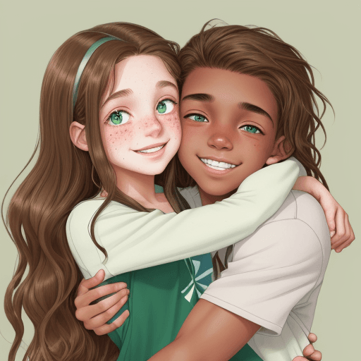AI generated: Photo of a whiteskin girl with straight brown long hair, green eyes and no freckles with braces hugg...