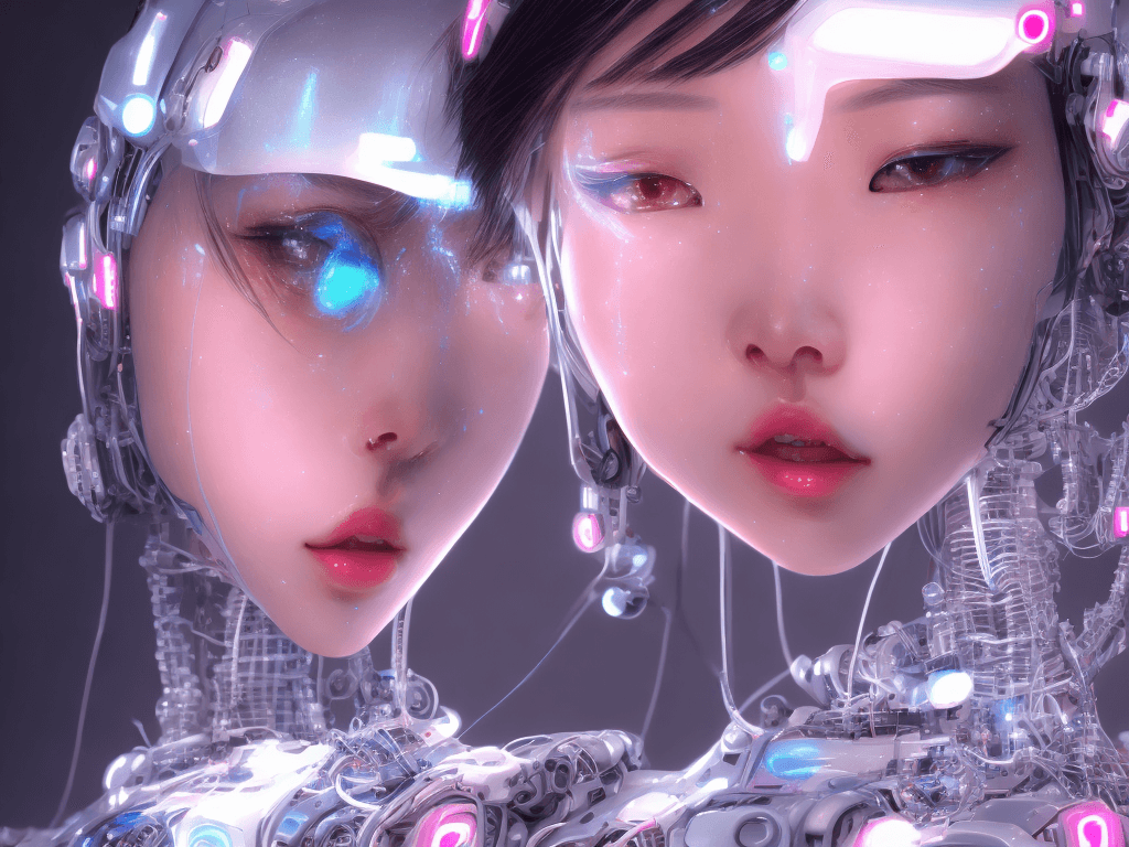 AI generated: Beautiful robotic Asian girl, real face, short hair, white robotic body, perfect body parts, wires, ...